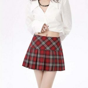 edgy red plaid skirt pleated grunge aesthetic 7259