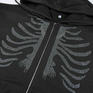 edgy rhinestone skeleton hoodie youthful streetwear icon 1306