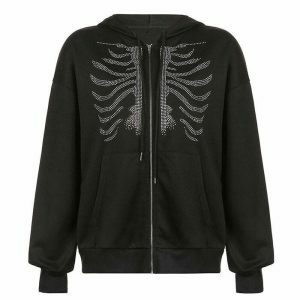 edgy rhinestone skeleton hoodie youthful streetwear icon 5491