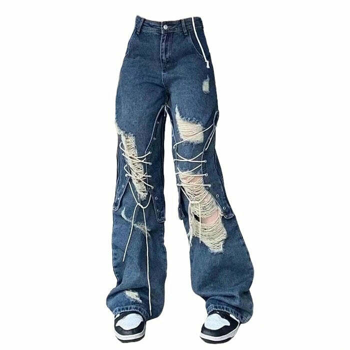 edgy ripped laceup baggy jeans youthful streetwear icon 2146