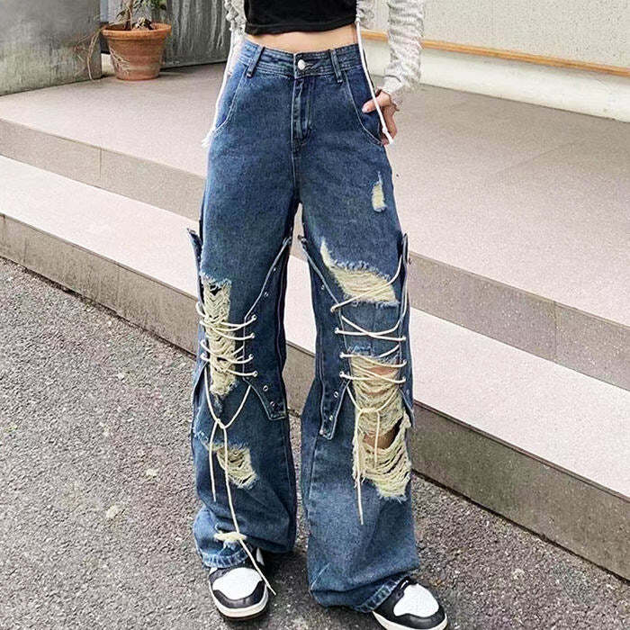 edgy ripped laceup baggy jeans youthful streetwear icon 3170