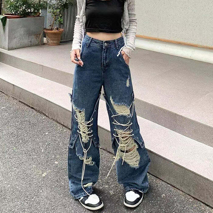 edgy ripped laceup baggy jeans youthful streetwear icon 7783