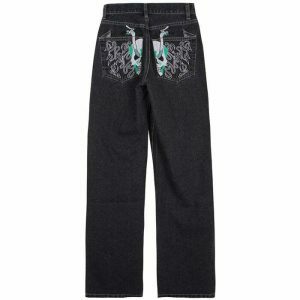 edgy skeleton embroidered jeans youthful streetwear appeal 4754