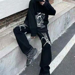 edgy skeleton hands embroidered jeans youthful streetwear 1873