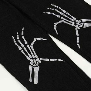 edgy skeleton hands embroidered jeans youthful streetwear 2049