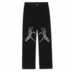 edgy skeleton hands embroidered jeans youthful streetwear 5259