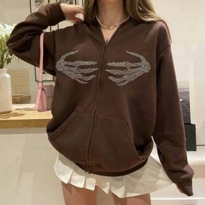 edgy skeleton hands rhinestone hoodie youthful spark 6014