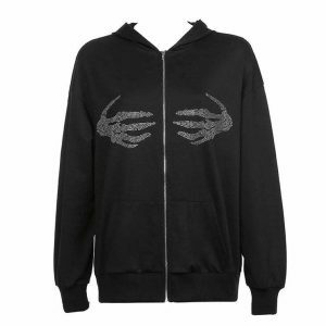 edgy skeleton hands rhinestone hoodie youthful spark 7828