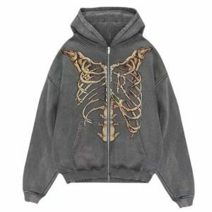 edgy skeleton zip hoodie   youthful streetwear icon 8042