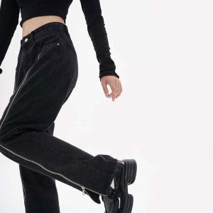 edgy zip up grunge jeans with leg detail youthful appeal 5191