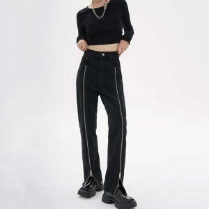 edgy zip up grunge jeans with leg detail youthful appeal 8712