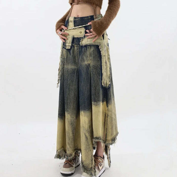 fairy grunge long denim skirt washed & youthful style 4304