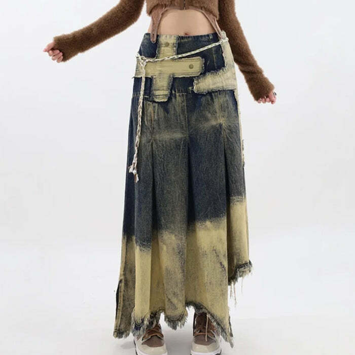 fairy grunge long denim skirt washed & youthful style 6786