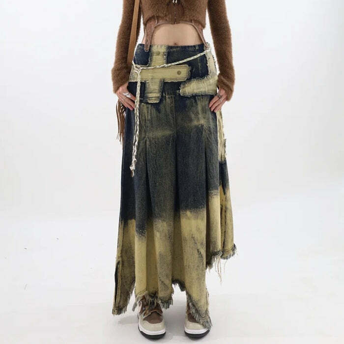 fairy grunge long denim skirt washed & youthful style 7877