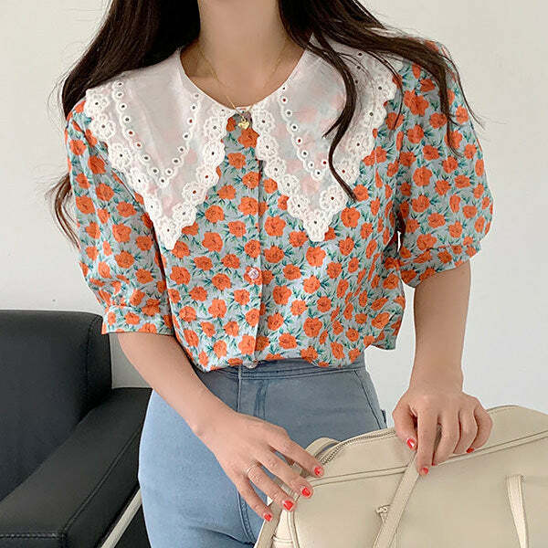 floral collar shirt   chic floral collar shirt youthful & trendy design 7752