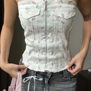 floral zip corset top   chic & youthful streetwear essential 4789