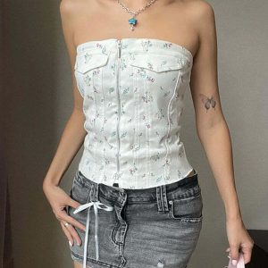 floral zip corset top   chic & youthful streetwear essential 8053
