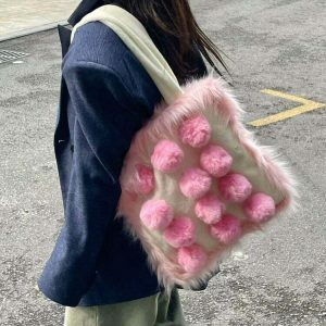 fluffy pom pom bag pink   chic & youthful accessory 1260