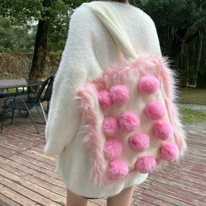 fluffy pom pom bag pink   chic & youthful accessory 2164