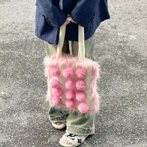 fluffy pom pom bag pink   chic & youthful accessory 7706