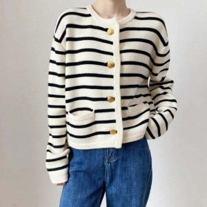 french girl striped cardigan chic & timeless appeal 5571