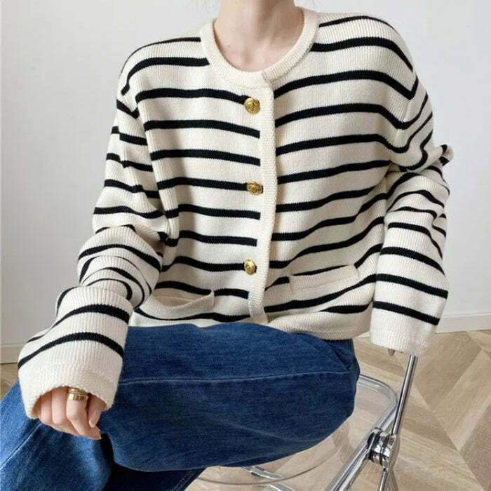 french girl striped cardigan chic & timeless appeal 5804