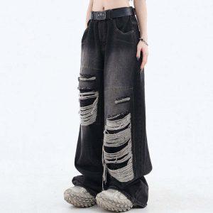 grunge aesthetic ripped wide jeans 2663