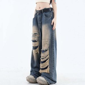 grunge aesthetic ripped wide jeans 7132