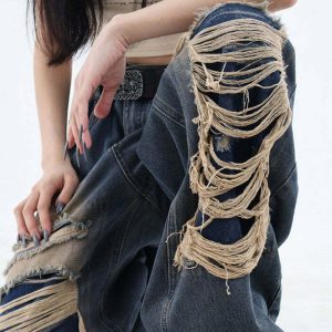 grunge aesthetic ripped wide jeans 7694