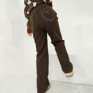 heart embroidered wide jeans in brown youthful & chic 1119