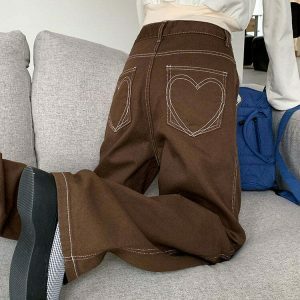 heart embroidered wide jeans in brown youthful & chic 2045