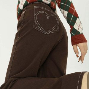 heart embroidered wide jeans in brown youthful & chic 5301