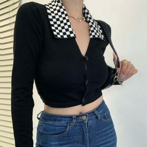 iconic checkerboard collar top youthful & urban appeal 5408