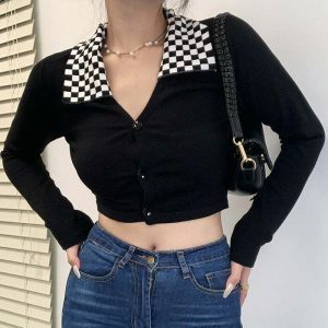iconic checkerboard collar top youthful & urban appeal 6450