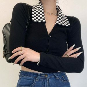 iconic checkerboard collar top youthful & urban appeal 8481
