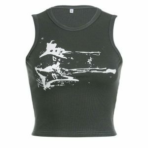 iconic guitar print ribbed top   youthful & trendy style 6470