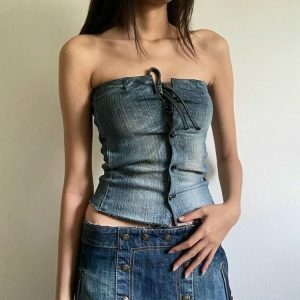 lace up denim corset top chic & youthful urban style 7061