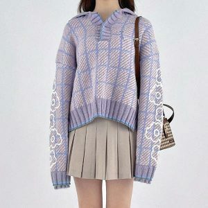 lavender plaid sweater youthful & chic patterned comfort 3527