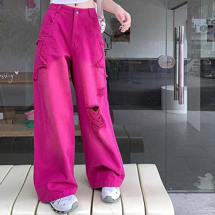 pink star ripped baggy jeans   edgy retro denim with a youthful twist 2829