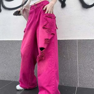 pink star ripped baggy jeans   edgy retro denim with a youthful twist 4131