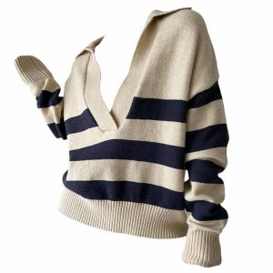 preppy collar striped pullover   chic & youthful striped pullover with collar 5265
