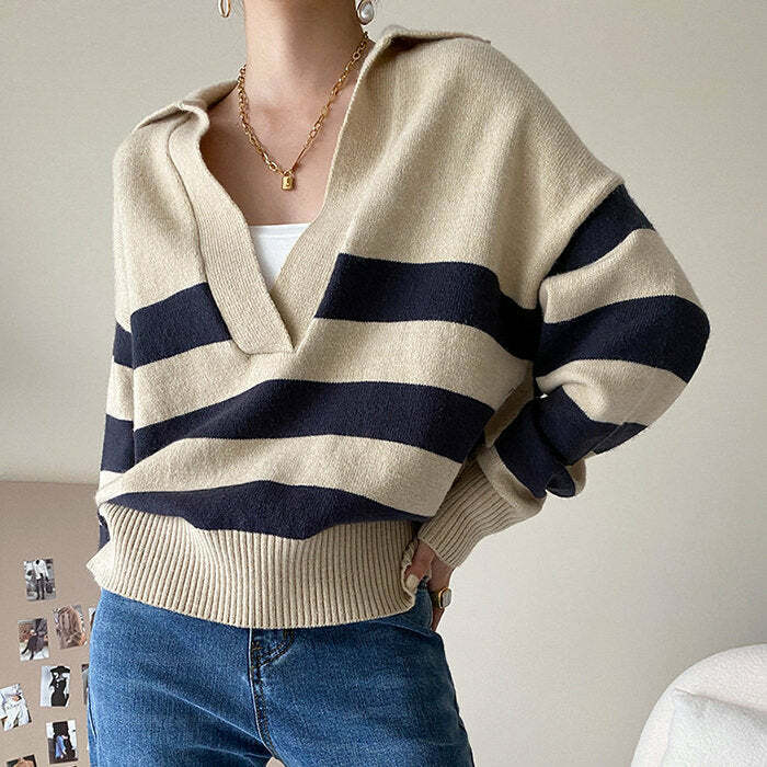 preppy collar striped pullover   chic & youthful striped pullover with collar 6772