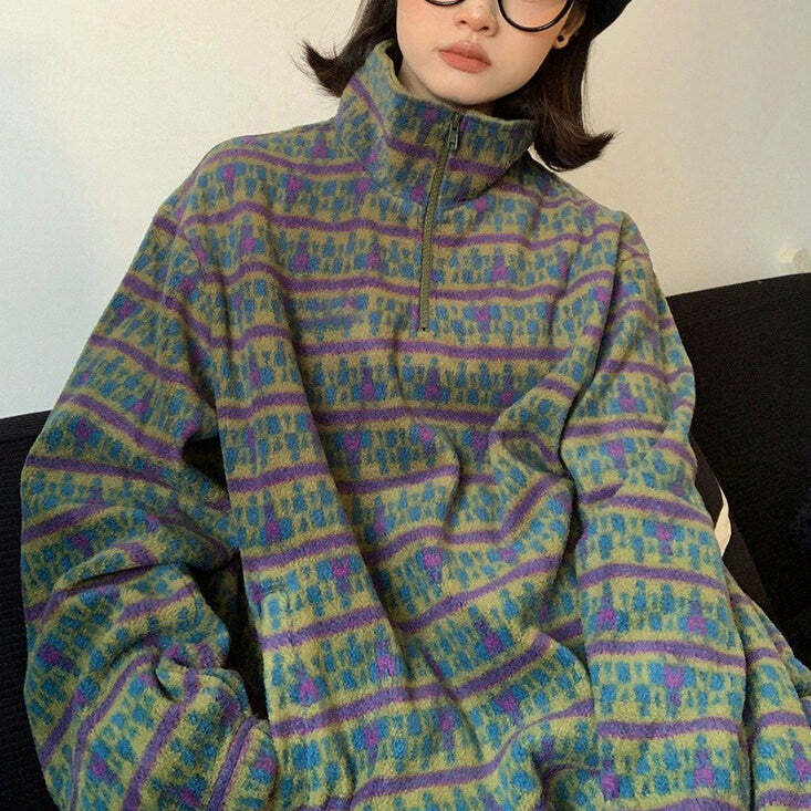 retro 80's grandma fleece sweatshirt zip up cozy chic 3555