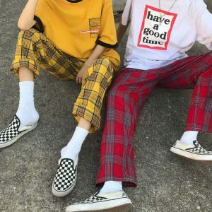 retro 90s plaid check pants youthful streetwear vibe 1058