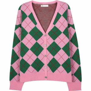 retro argyle cardigan in green & pink dynamic pattern 1366