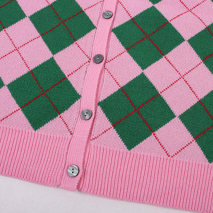 retro argyle cardigan in green & pink dynamic pattern 8517