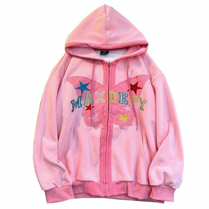 retro butterfly embroidered hoodie zip up youthful style 3601