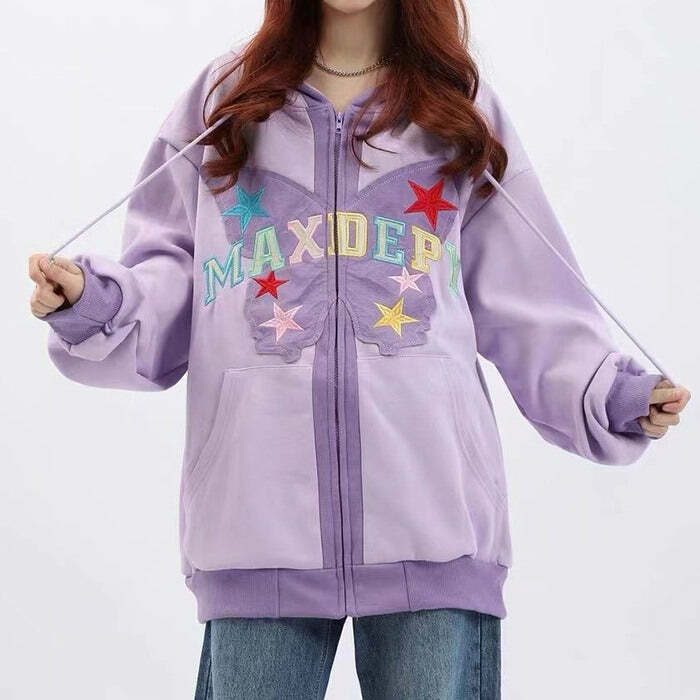 retro butterfly embroidered hoodie zip up youthful style 6462