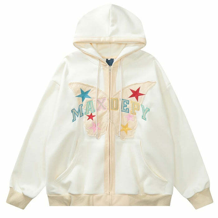 retro butterfly embroidered hoodie zip up youthful style 7635
