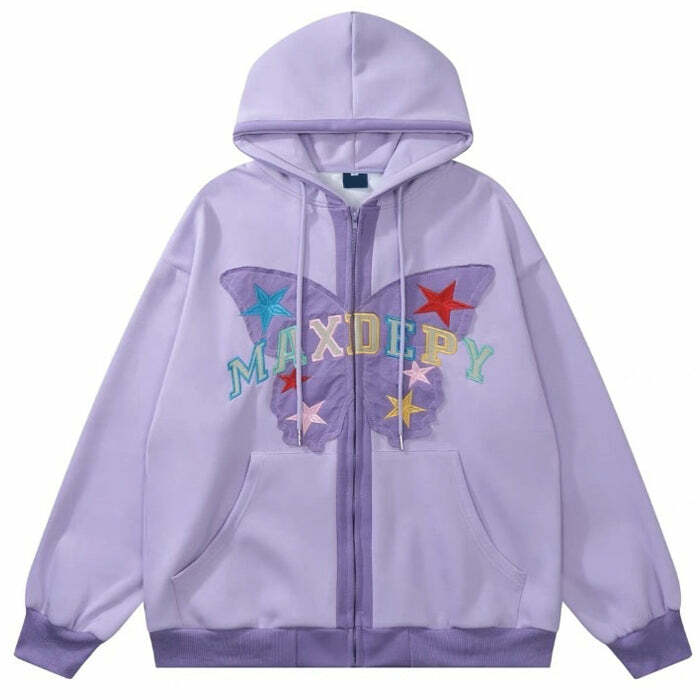 retro butterfly embroidered hoodie zip up youthful style 8759